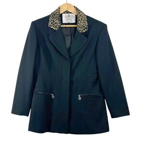 RZR Wool Coat Womens M Black Leopard Faux Fur Collar Mob Wife Parisian Chic 90s